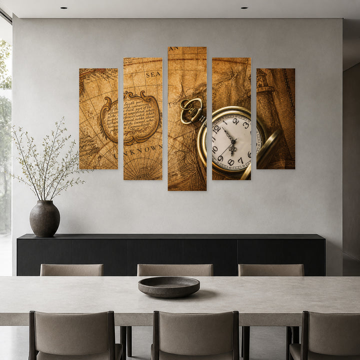 Pocket Watch on a Vintage Map Vintage Study — five-panel wall art in frontal interior | 5wallart 52122 M3