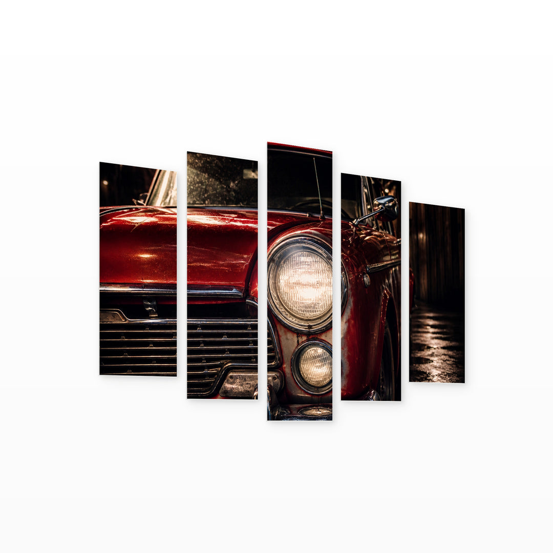 Vintage Car with Headlights at Night — five-panel wall art on white background in perspective | 5wallart 52124 M1