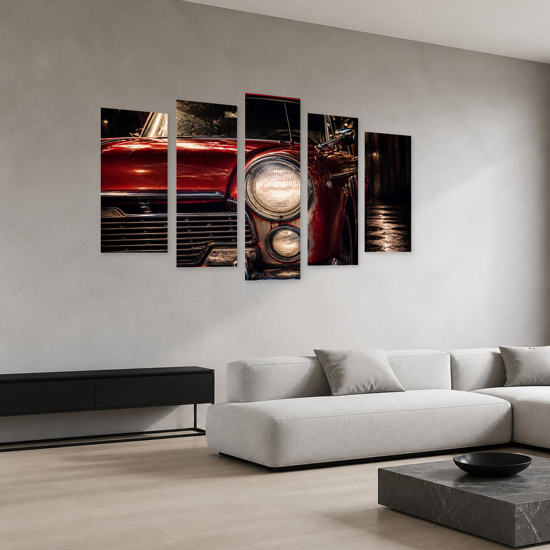 Vintage Car with Headlights at Night — five-panel wall art in perspective interior | 5wallart 52124 M2