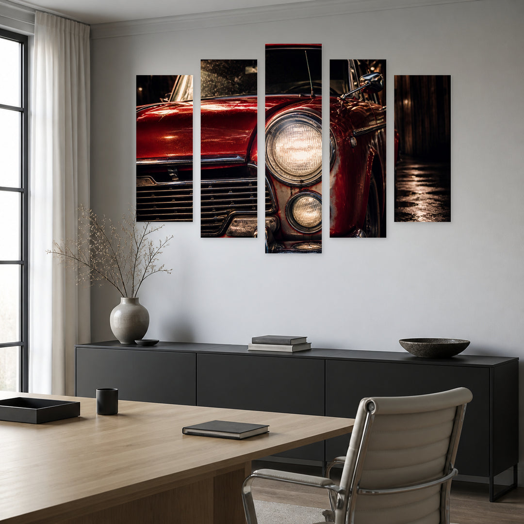 Vintage Car with Headlights at Night — five-panel wall art in frontal interior | 5wallart 52124 M3
