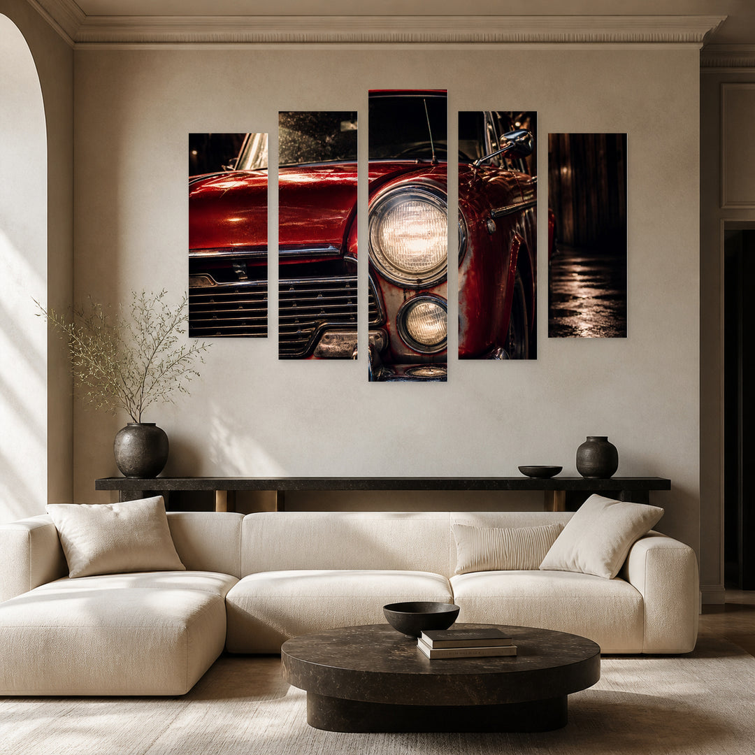 Vintage Car with Headlights at Night — five-panel wall art in alternate frontal interior | 5wallart 52124 M4