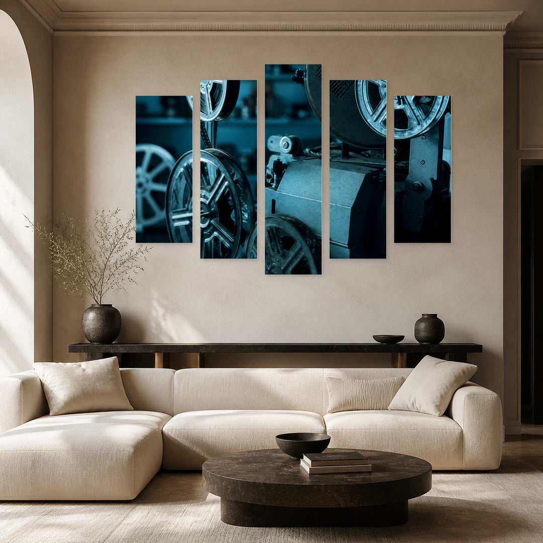 Old Film Projector with Vintage Character — five-panel wall art in alternate frontal interior | 5wallart 52136 M4