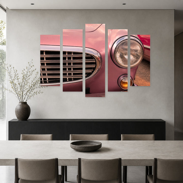 Retro Pink Car with Dreamlike Atmosphere — five-panel wall art in frontal interior | 5wallart 52138 M3