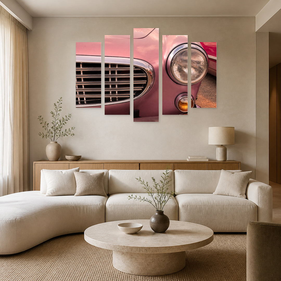Retro Pink Car with Dreamlike Atmosphere — five-panel wall art in alternate frontal interior | 5wallart 52138 M4