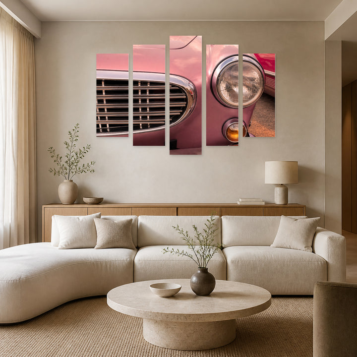 Retro Pink Car with Dreamlike Atmosphere — five-panel wall art in alternate frontal interior | 5wallart 52138 M4