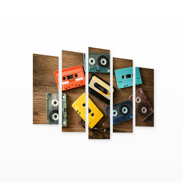 Retro Cassettes in Vivid Color — five-panel wall art on white background in perspective | 5wallart 52143 M1