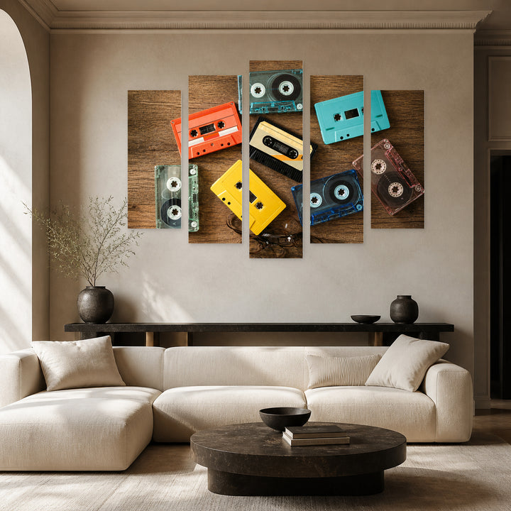 Retro Cassettes in Vivid Color — five-panel wall art in frontal interior | 5wallart 52143 M3