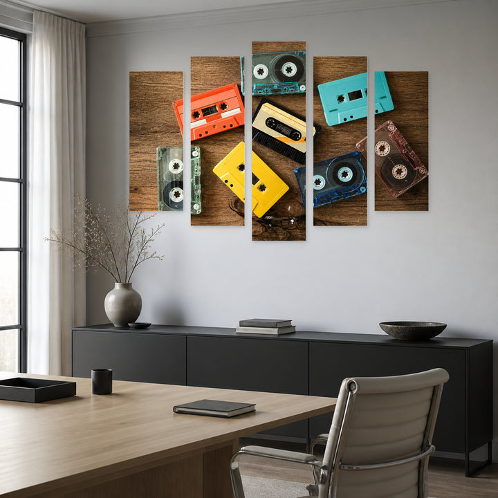 Retro Cassettes in Vivid Color — five-panel wall art in alternate frontal interior | 5wallart 52143 M4