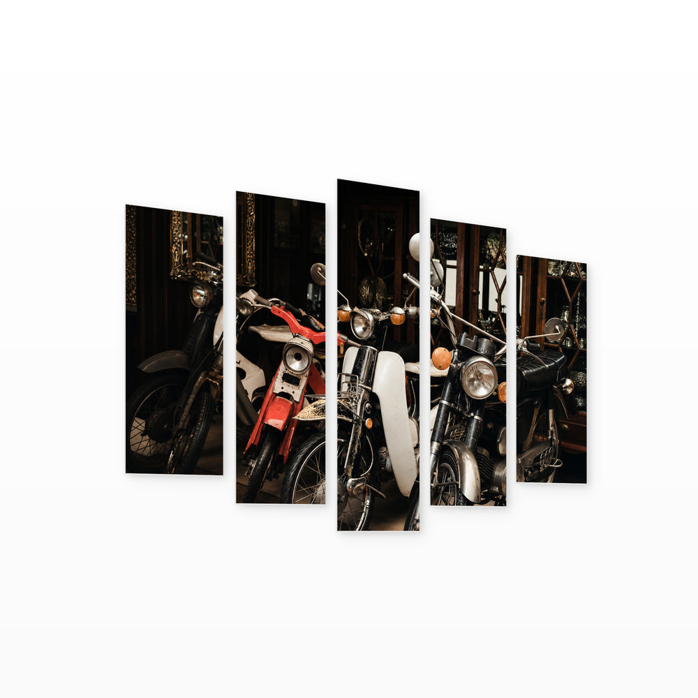 Old Motorcycles Parked in a Garage Motion Study — five-panel wall art on white background in perspective | 5wallart 52144 M1