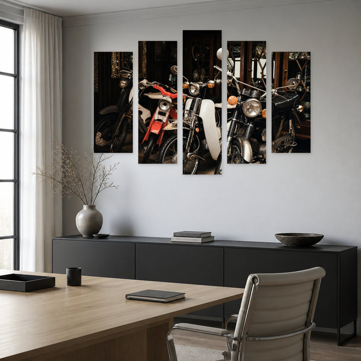 Old Motorcycles Parked in a Garage Motion Study — five-panel wall art in frontal interior | 5wallart 52144 M3