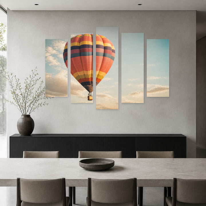 Vintage Hot Air Balloon with Dreamlike Atmosphere — five-panel wall art in frontal interior | 5wallart 52146 M3