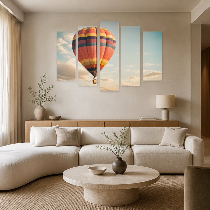 Vintage Hot Air Balloon with Dreamlike Atmosphere — five-panel wall art in alternate frontal interior | 5wallart 52146 M4