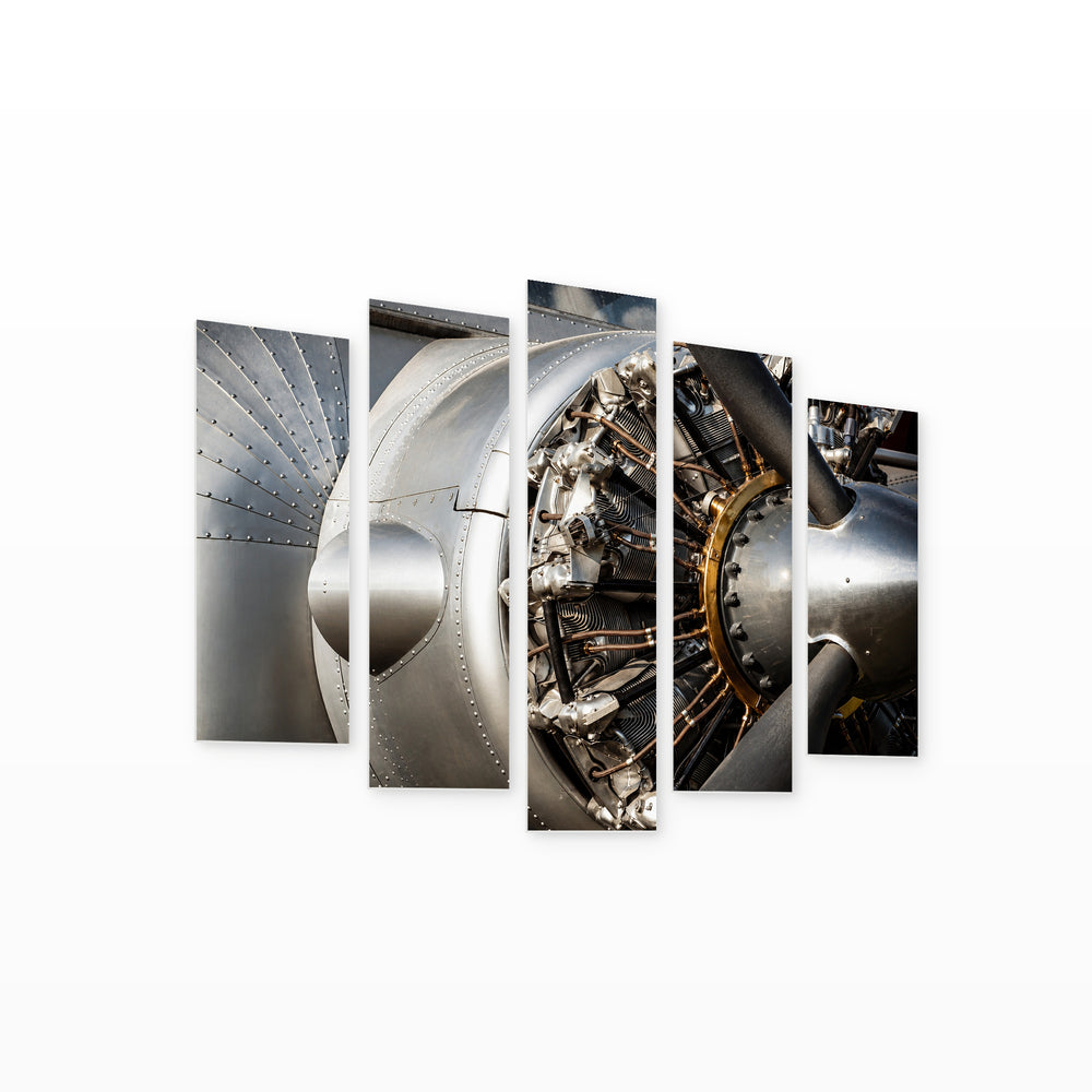 Vintage Airplane Engine with Dramatic Contrast — five-panel wall art on white background in perspective | 5wallart 52148 M1