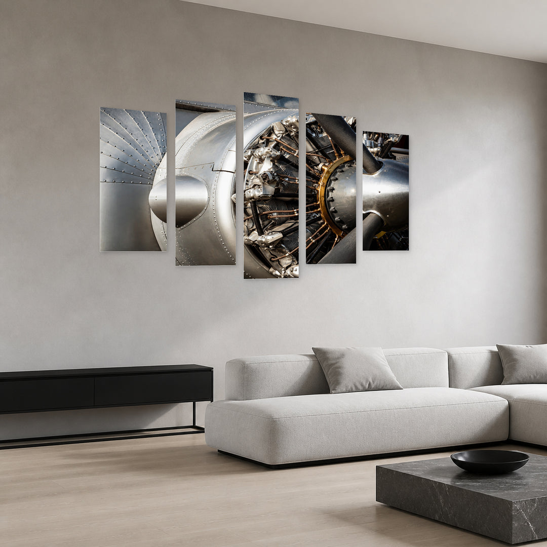 Vintage Airplane Engine with Dramatic Contrast — five-panel wall art in perspective interior | 5wallart 52148 M2