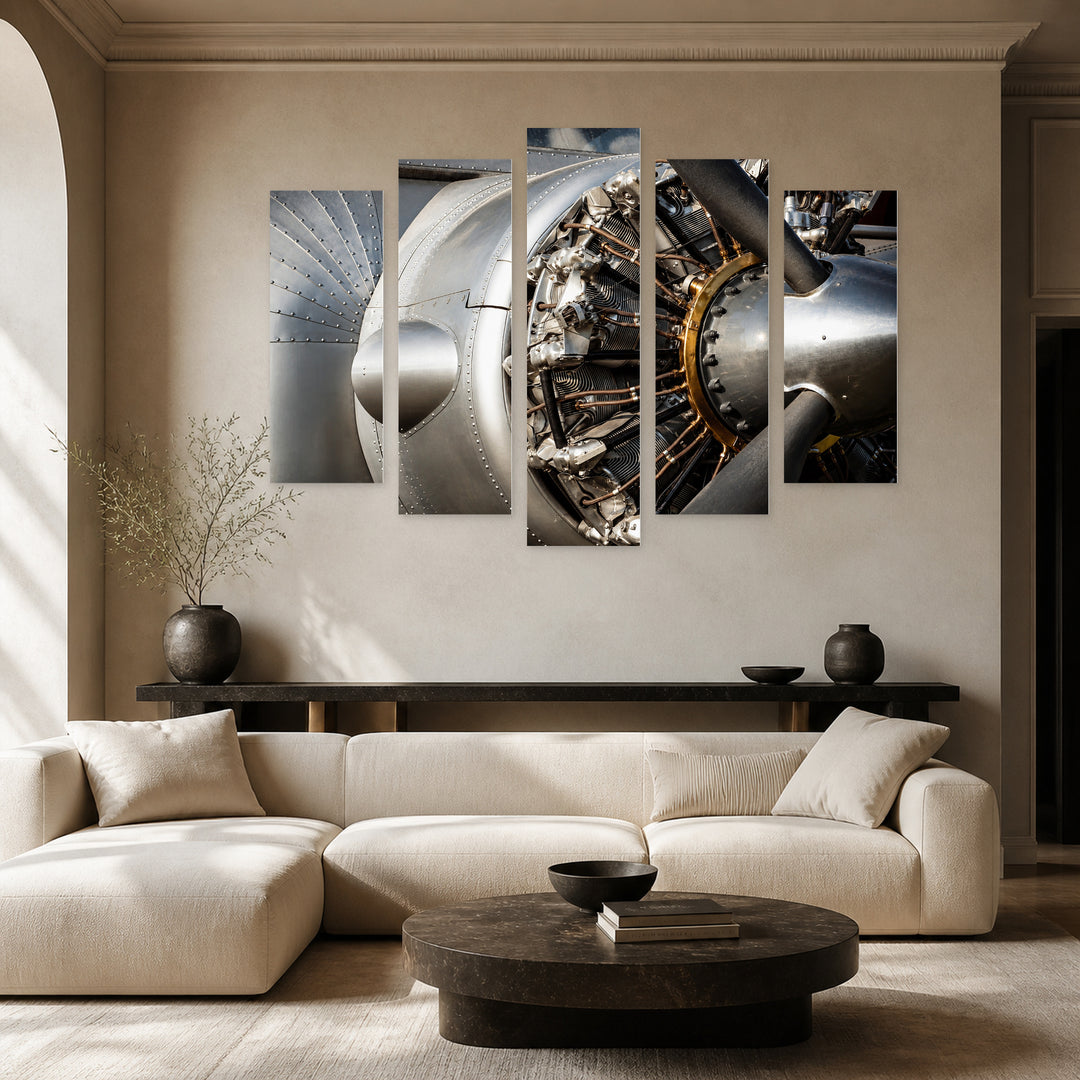 Vintage Airplane Engine with Dramatic Contrast — five-panel wall art in alternate frontal interior | 5wallart 52148 M4
