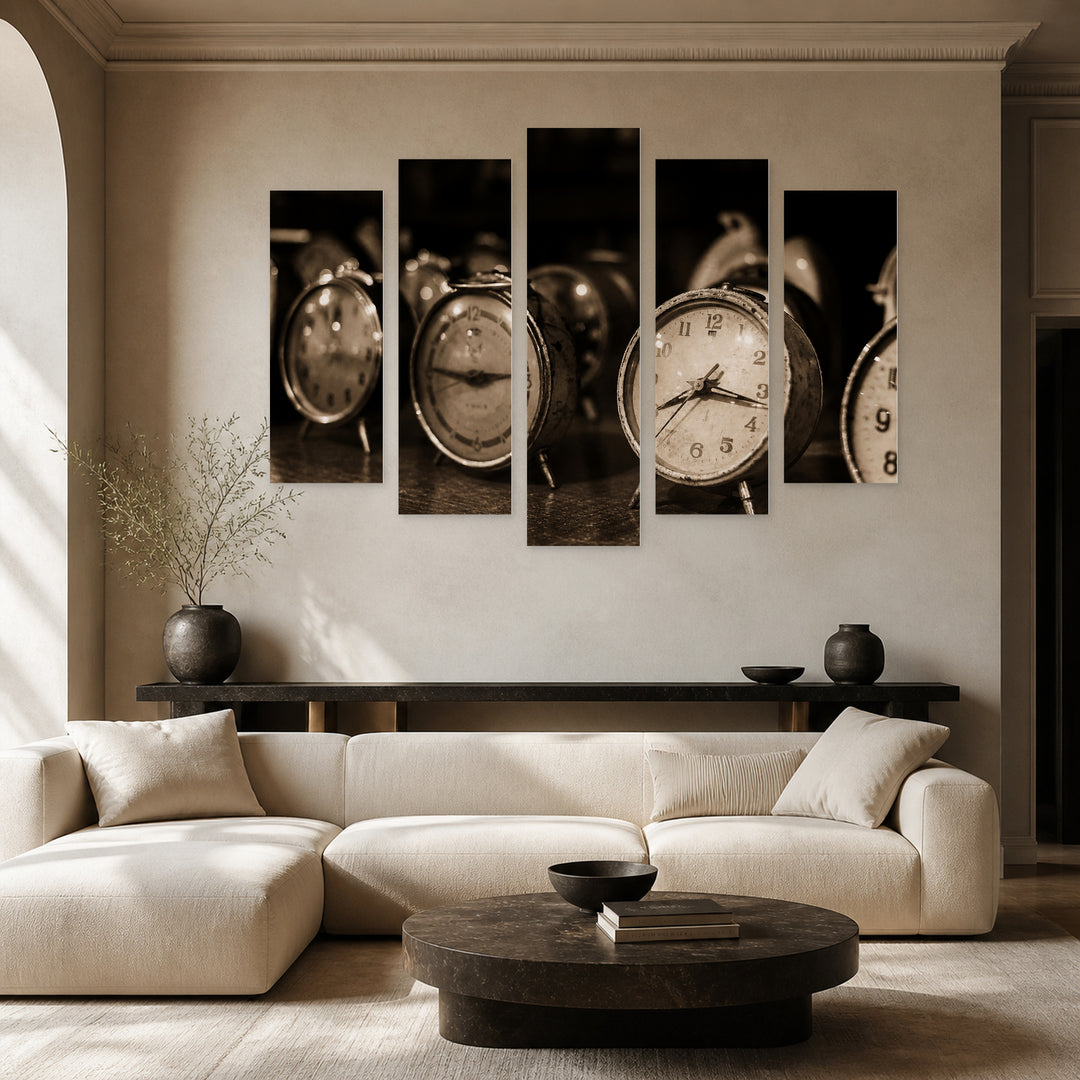 Vintage Watches with Geometric Rhythm — five-panel wall art in frontal interior | 5wallart 52149 M3