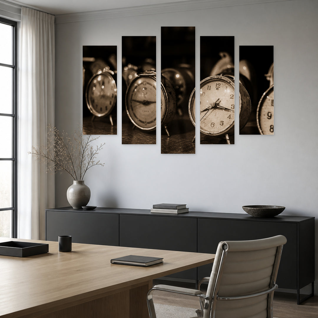 Vintage Watches with Geometric Rhythm — five-panel wall art in alternate frontal interior | 5wallart 52149 M4