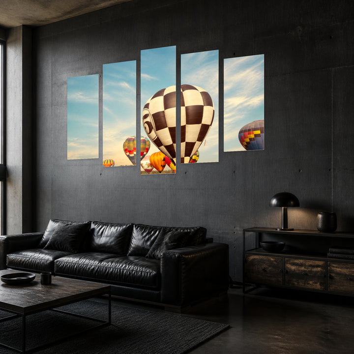Vintage Hot Air Balloons with Dreamlike Atmosphere — five-panel wall art in perspective interior | 5wallart 52150 M2
