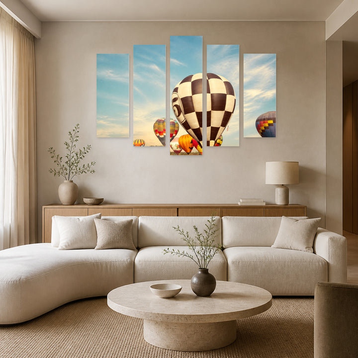 Vintage Hot Air Balloons with Dreamlike Atmosphere — five-panel wall art in alternate frontal interior | 5wallart 52150 M4