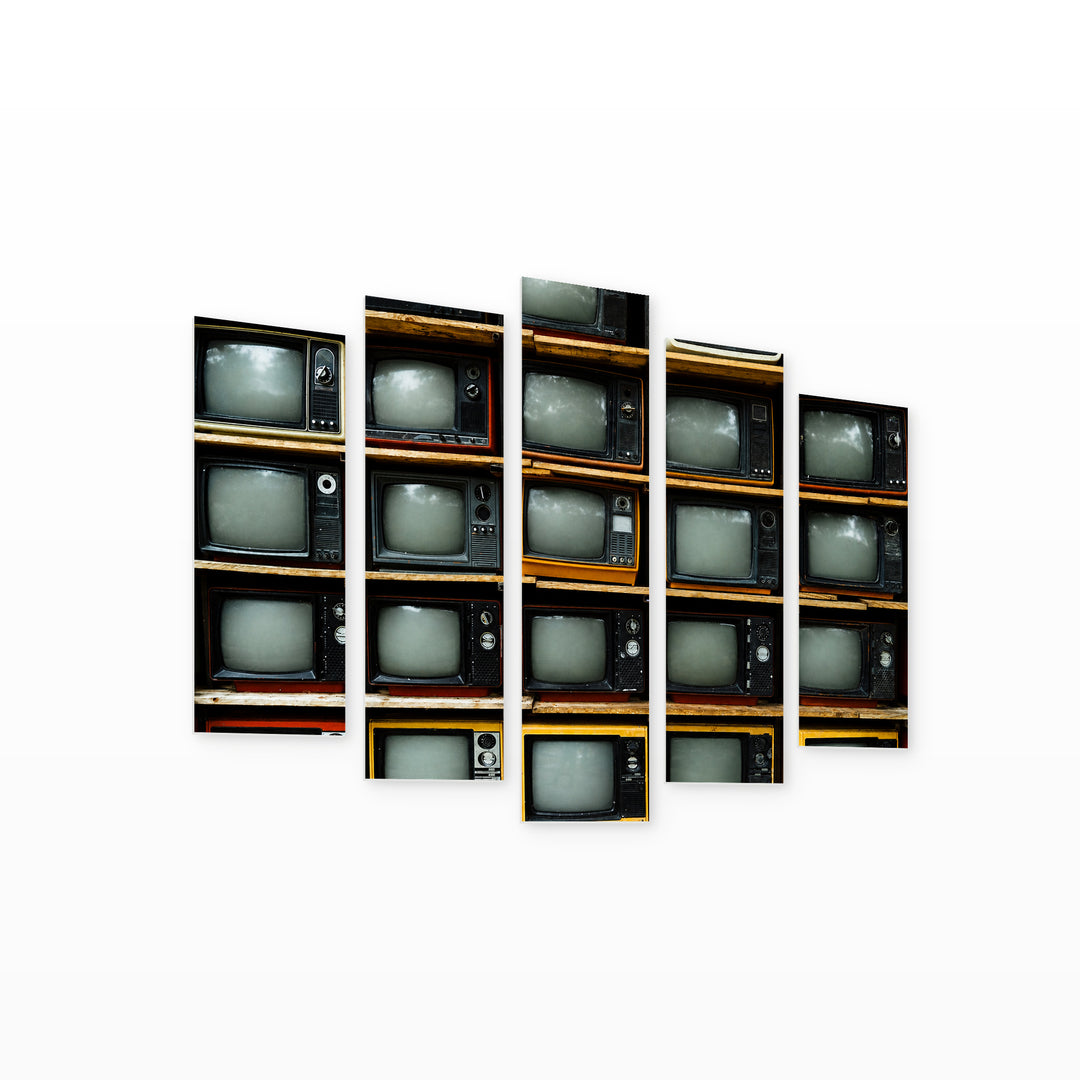 Pile of Vintage Televisions with Dramatic Contrast — five-panel wall art on white background in perspective | 5wallart 52151 M1