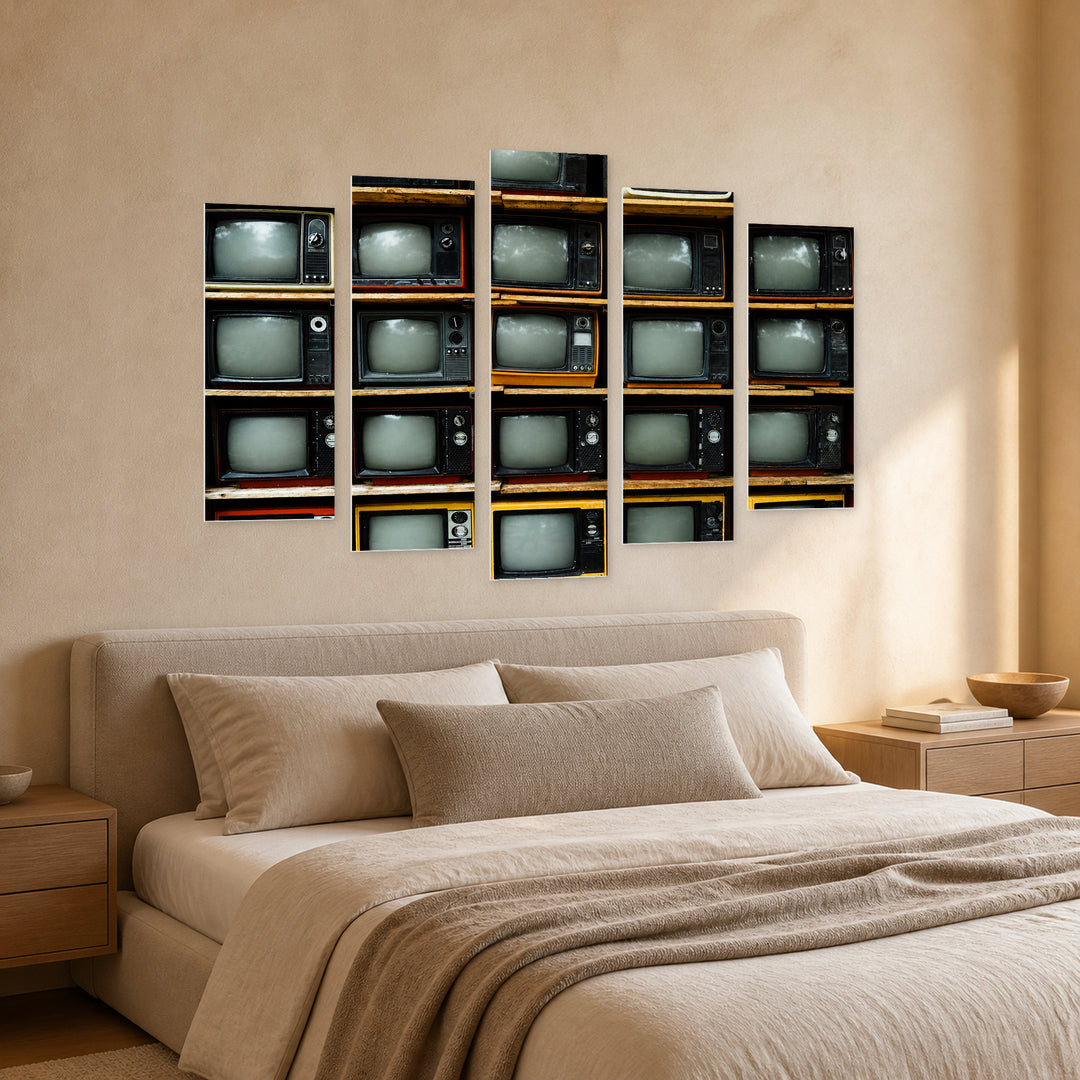 Pile of Vintage Televisions with Dramatic Contrast — five-panel wall art in perspective interior | 5wallart 52151 M2