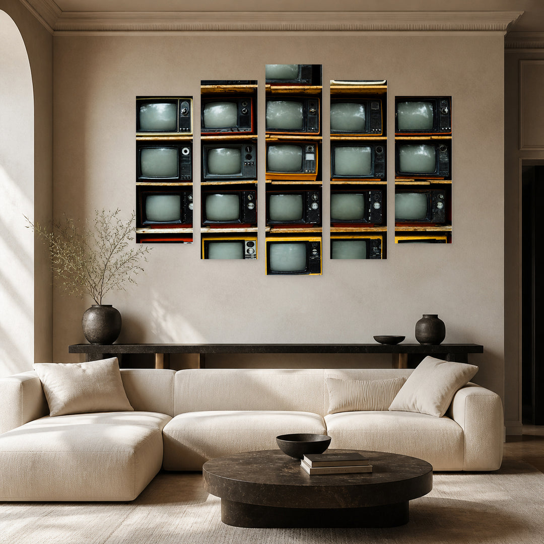 Pile of Vintage Televisions with Dramatic Contrast — five-panel wall art in frontal interior | 5wallart 52151 M3