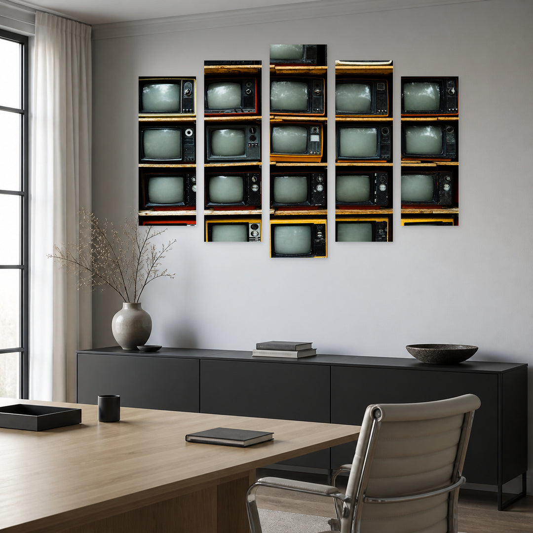 Pile of Vintage Televisions with Dramatic Contrast — five-panel wall art in alternate frontal interior | 5wallart 52151 M4