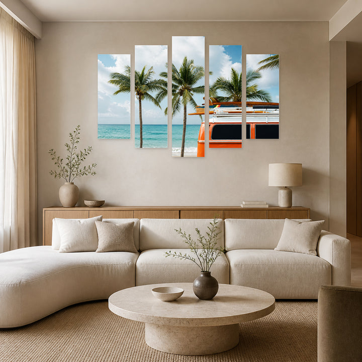 Car Parked on the Tropical Beach Motion Study — five-panel wall art in alternate frontal interior | 5wallart 52152 M4