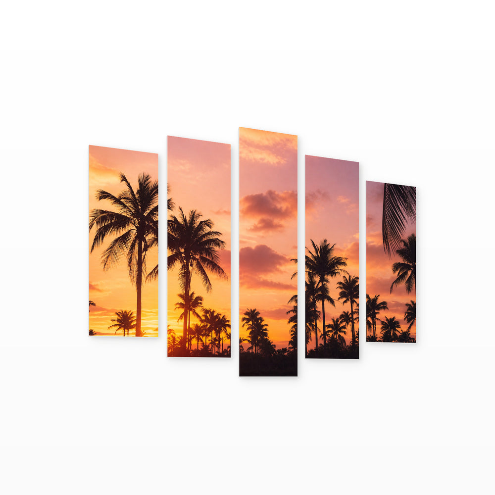 Tropical Palms at Sunset — five-panel wall art on white background in perspective | 5wallart 52157 M1