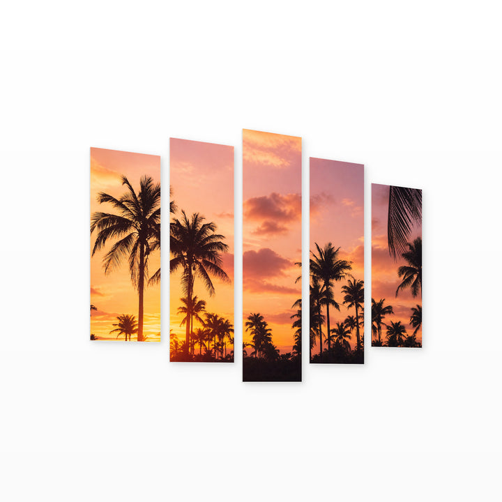 Tropical Palms at Sunset — five-panel wall art on white background in perspective | 5wallart 52157 M1