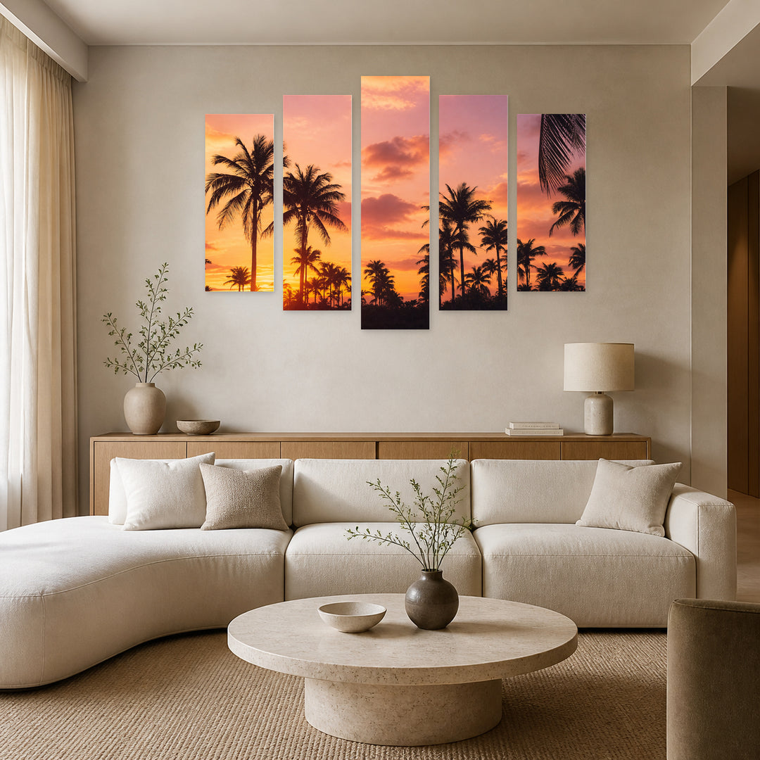 Tropical Palms at Sunset — five-panel wall art in frontal interior | 5wallart 52157 M3