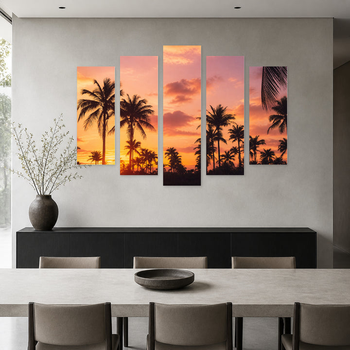 Tropical Palms at Sunset — five-panel wall art in alternate frontal interior | 5wallart 52157 M4