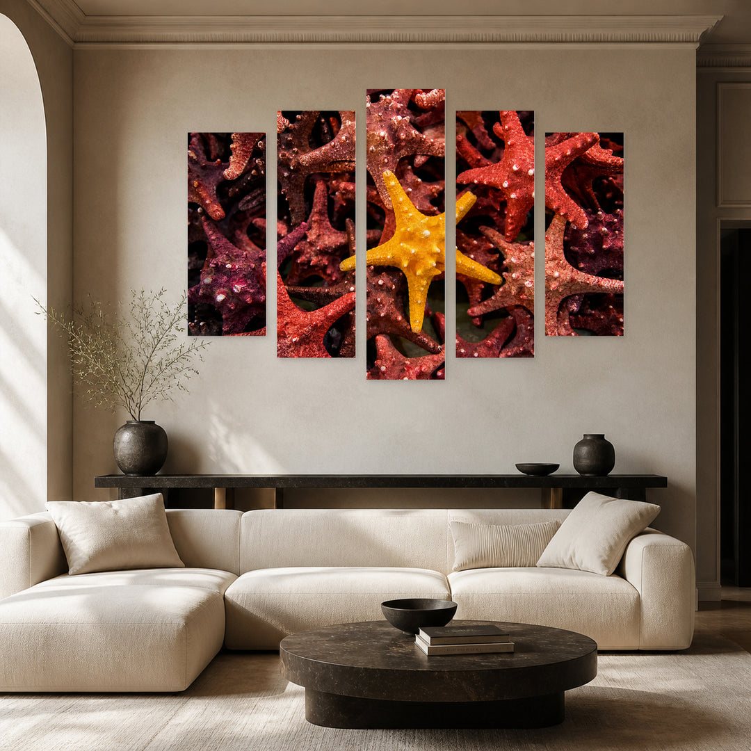 Starfish in Blue and Gold — five-panel wall art in alternate frontal interior | 5wallart 52166 M4