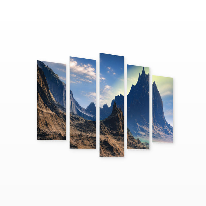 Rocks and Mountains in Serene Light — five-panel wall art on white background in perspective | 5wallart 52185 M1