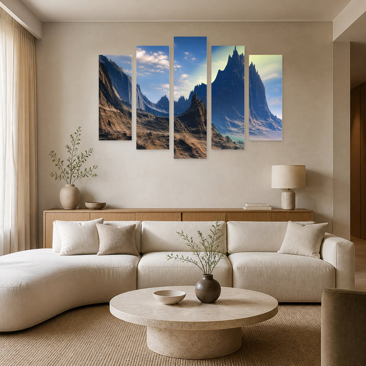 Rocks and Mountains in Serene Light — five-panel wall art in frontal interior | 5wallart 52185 M3