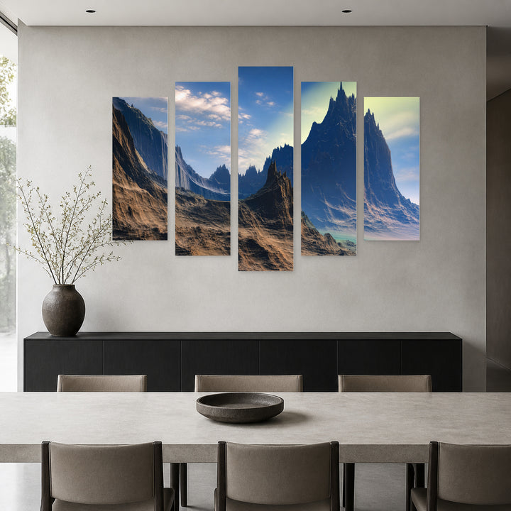Rocks and Mountains in Serene Light — five-panel wall art in alternate frontal interior | 5wallart 52185 M4