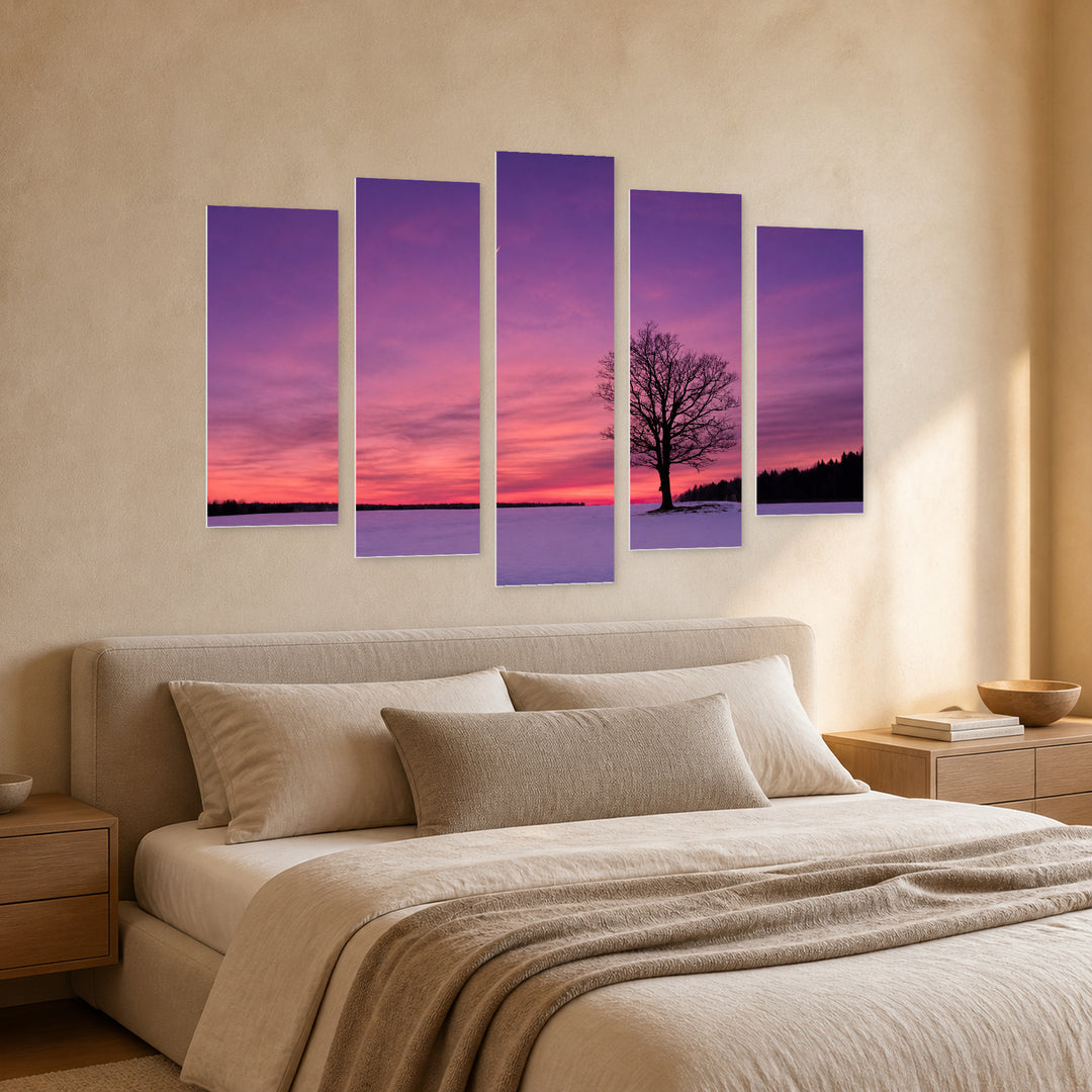 Violet Twilight with Dreamlike Atmosphere — five-panel wall art in perspective interior | 5wallart 52189 M2