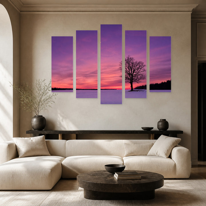 Violet Twilight with Dreamlike Atmosphere — five-panel wall art in frontal interior | 5wallart 52189 M3