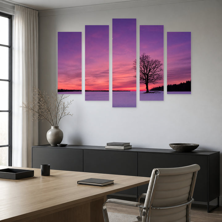 Violet Twilight with Dreamlike Atmosphere — five-panel wall art in alternate frontal interior | 5wallart 52189 M4