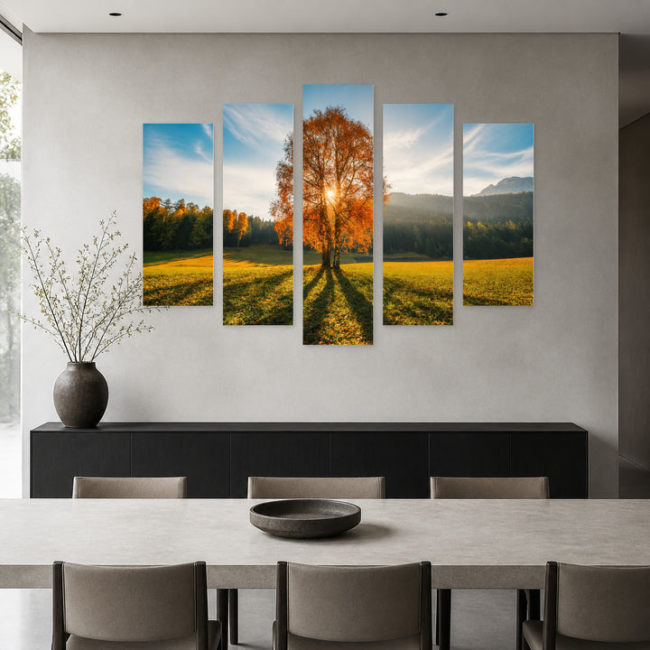 Autumn in Nature in Serene Light — five-panel wall art in frontal interior | 5wallart 52194 M3