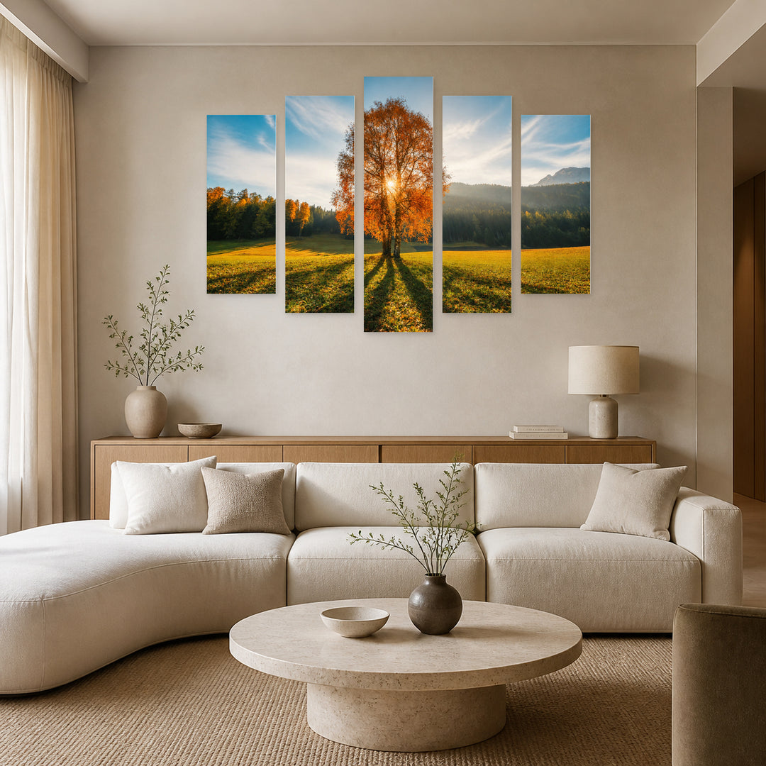 Autumn in Nature in Serene Light — five-panel wall art in alternate frontal interior | 5wallart 52194 M4