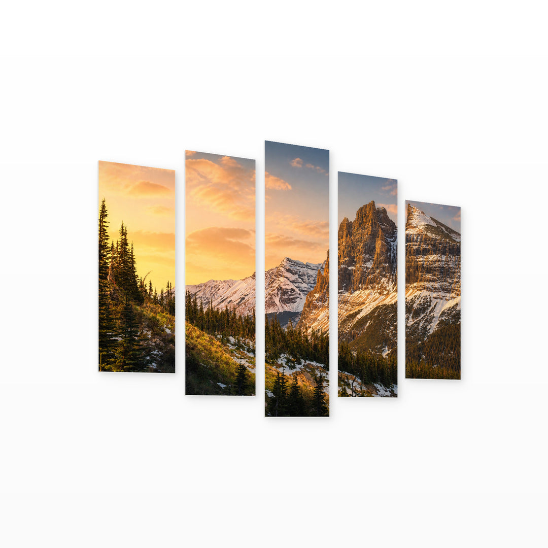 Glacier National Park at Golden Sunset — five-panel wall art on white background in perspective | 5wallart 52196 M1