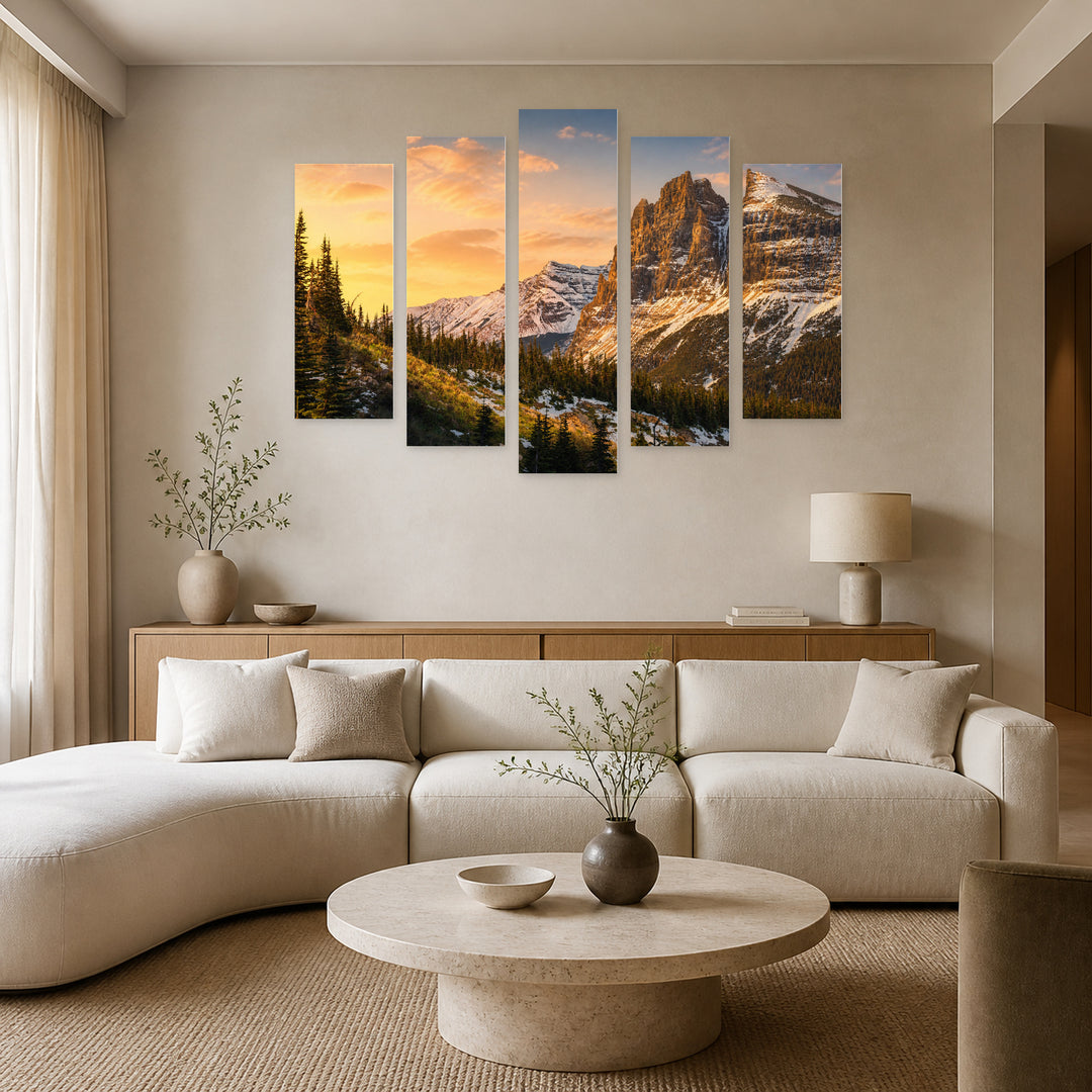 Glacier National Park at Golden Sunset — five-panel wall art in alternate frontal interior | 5wallart 52196 M4