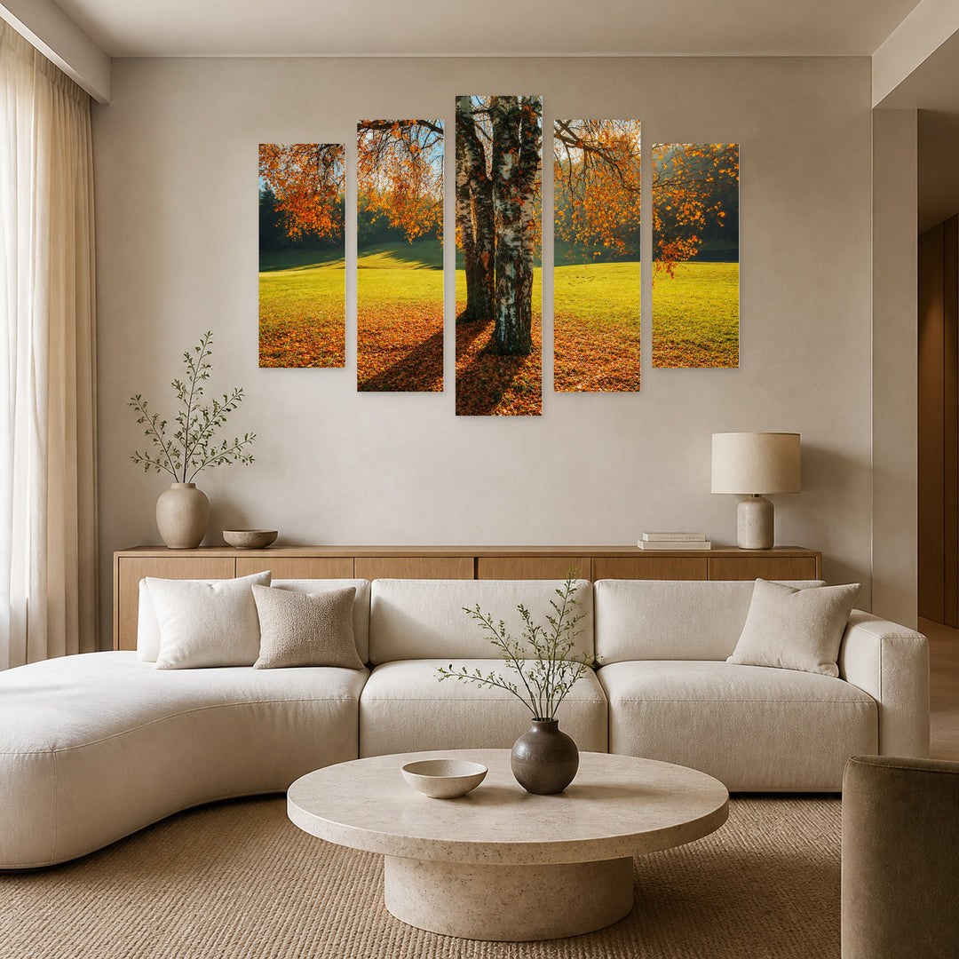 Trees in Autumn in Serene Light — five-panel wall art in frontal interior | 5wallart 52201 M3