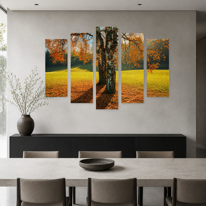 Trees in Autumn in Serene Light — five-panel wall art in alternate frontal interior | 5wallart 52201 M4