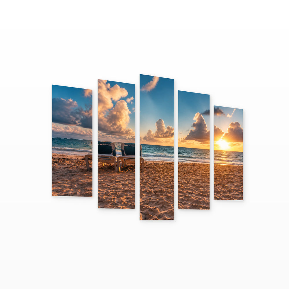 Tropical Beach and Beautiful Sunrise in Serene Light — five-panel wall art on white background in perspective | 5wallart 52202 M1
