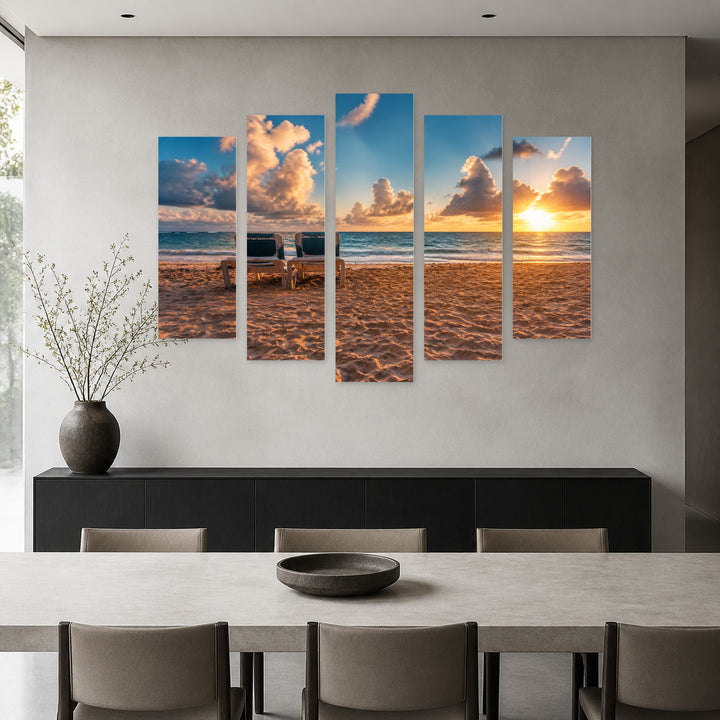 Tropical Beach and Beautiful Sunrise in Serene Light — five-panel wall art in frontal interior | 5wallart 52202 M3