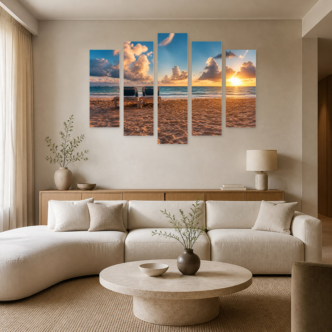 Tropical Beach and Beautiful Sunrise in Serene Light — five-panel wall art in alternate frontal interior | 5wallart 52202 M4