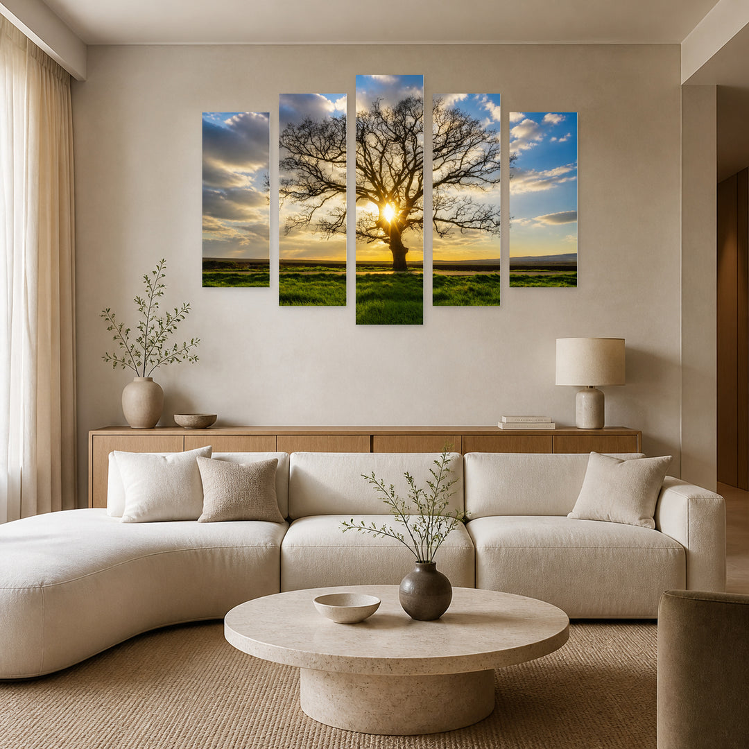 Large Tree in a Field in Serene Light — five-panel wall art in frontal interior | 5wallart 52203 M3