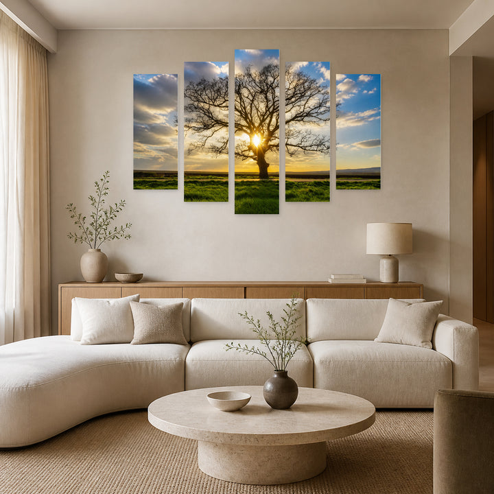 Large Tree in a Field in Serene Light — five-panel wall art in frontal interior | 5wallart 52203 M3